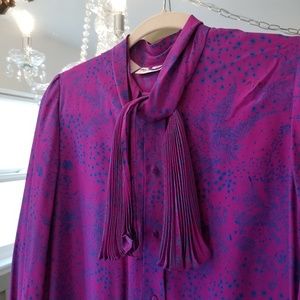 Vintage Silk Long Sleeve Shirtdress Magenta Cobalt